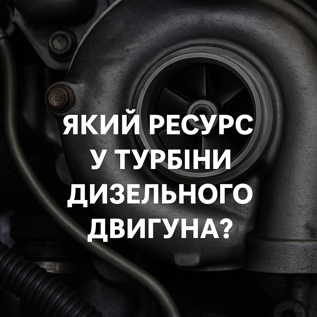 Турбіна дизельного двигуна крупним планом із написом посередині: «Який ресурс у турбіни дизельного двигуна?» на тлі металевих деталей компресора.